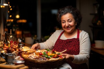 Caucasian mature female presenting a basket of fresh baked goods in a cozy kitchen setting.