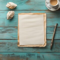Poster - Blank textured paper on rustic wooden table with coffee cup and decorative shells ready for creative writing or sketching. Generative AI
