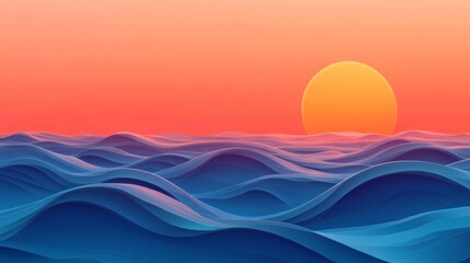 Wall Mural - abstract sunset over the ocean waves: colorful digital landscape