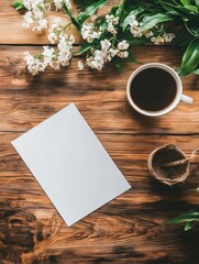 Poster - Coffee cup and empty paper on wooden table with flowers and twine for creative space and design ideas. Generative AI