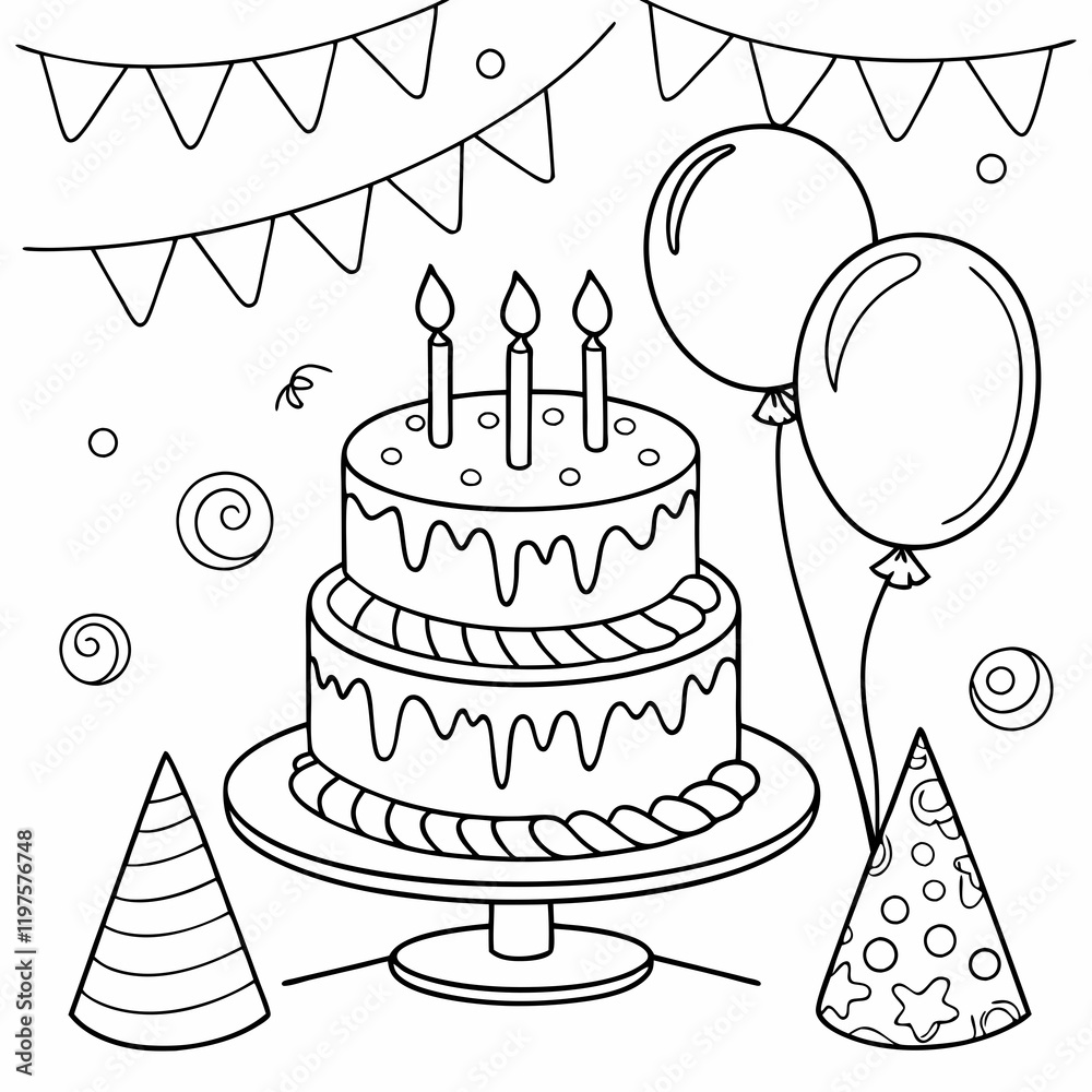 birthday cake with candles coloring page for children, outline ...