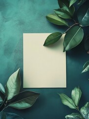Fototapete - Blank paper surrounded by green leaves on a teal background ideal for text placement and creative designs. Generative AI