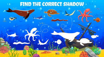 Aufkleber - Find the correct shadow of sea animals at underwater landscape, kids game worksheet. Similarity search kids quiz or game vector worksheet with seal, turtle, octopus and puffer, marlin, moray eel