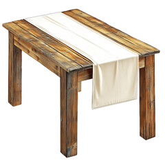 Poster - Wooden table covered with a white tablecloth in a bright indoor setting on white background , cut out.