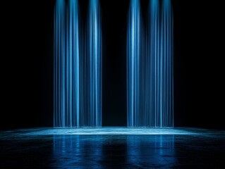 Poster - Empty stage with blue light beams on black background, minimalistic and abstract design, high-resolution digital illustration, immersive dark atmosphere