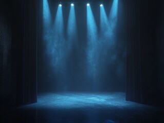 Poster - Empty stage illuminated by blue light beams, abstract minimalism, dark ambiance, digital illustration, high-resolution design, immersive atmosphere