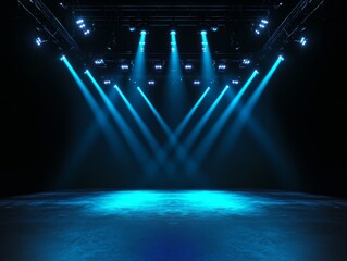 Poster - Empty stage illuminated by blue light beams on a dark background, abstract minimalistic design, high-resolution digital artwork.