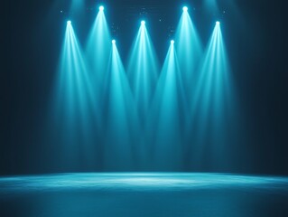 Poster - Futuristic Minimalist Stage Design with Blue Light Rays in Dark Space, Symmetrical Composition, Soft Shadows, High Resolution Depth of Field