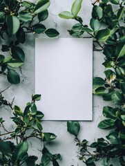 Fototapete - Blank paper surrounded by lush green leaves on a textured gray background creates a calming and natural design element. Generative AI