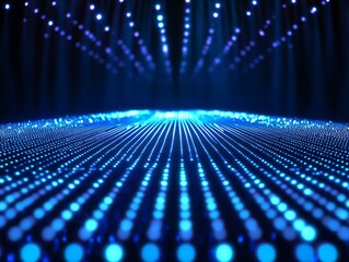 Poster - Symmetrical Blue Light Beams on Dark Surface, a striking visual of illuminated patterns creating depth and intrigue in a shadowy environment
