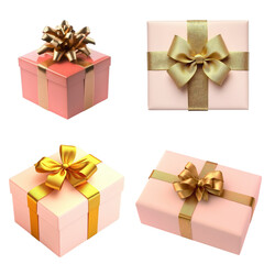 Poster - Four pink gift boxes with gold bows arranged on a white background for festive occasions on white background , cut out.
