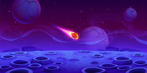 Poster - Space alien planet surface with falling asteroid, galaxy background. Cartoon vector celestial scene with a comet plummeting toward a mysterious planet with craters in vast Universe filled with stars
