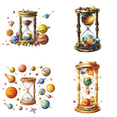 Poster - Four distinct types of hourglasses showcasing different designs and sizes for time measurement on white background , cut out.