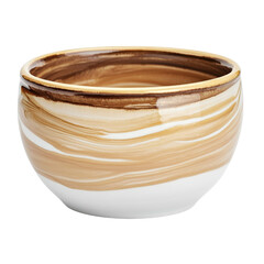 Poster - White and brown ceramic bowl with a brown stripe design on a wooden surface for home decor on white background , cut out.