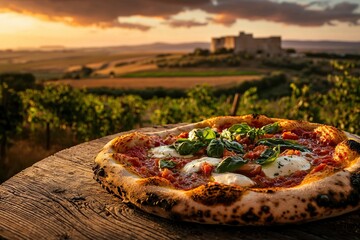 Rustic pizza with fresh mozzarella and basil against the backdrop of Castel del Monte at sunset in Puglia, Italy