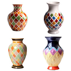 Poster - Four unique vases with different designs arranged on a wooden table in a well-lit setting on white background , cut out.