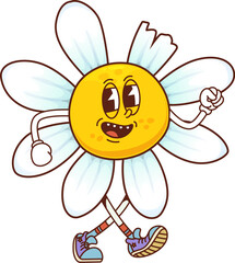 Leinwandbilder - Retro groovy cartoon daisy or chamomile flower character with funny face, vector comic emoji. Psychedelic groovy daisy or chamomile flower with happy smile and torn petal for retro cartoon character