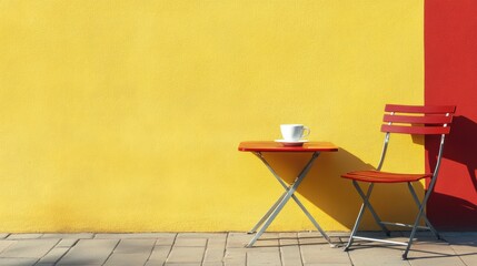 Poster - Bright yellow wall with empty chair and table, perfect for text placement or cozy cafe setting in daylight. Generative AI