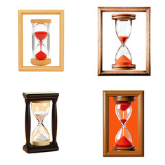 Poster - Set of four framed pictures featuring different designs of hourglasses for home decor on white background , cut out.