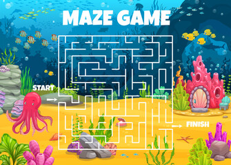 Aufkleber - Labyrinth maze game, help to octopus to find his home. Search path puzzle or riddle, labyrinth maze vector worksheet with cute octopus character, coral house and seaweeds on tropical sea bottom