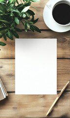 Leinwandbilder - Blank sheet of paper on a rustic wooden table surrounded by a cup of coffee and a plant in a cozy workspace. Generative AI