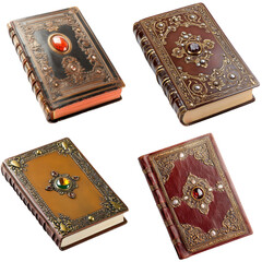Poster - Four different colored leather journals with gold embellishments and decorative gems on a wooden surface on white background , cut out.