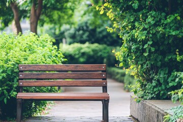 Poster - Serene garden bench in a peaceful green park area inviting visitors to relax and enjoy natures beauty. Generative AI