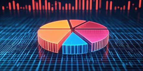 Wall Mural - financial planning expenses protection concept. 3D pie chart on a digital grid background, showcasing data visualization with vibrant colors and bars.