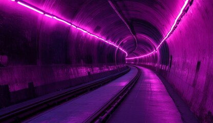 Poster - Neon Glow in Futuristic Tunnel, vibrant purple and pink lights illuminating an empty space, creating an energetic and immersive atmosphere