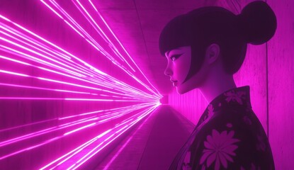 Poster - Futuristic Neon Tunnel, empty dark passage illuminated by vibrant purple and pink lights, creating an energetic atmosphere full of color.