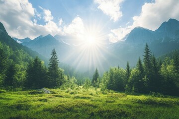 Fototapete - Sunlight streaming through clouds over a serene mountain landscape with greenery in the foreground. Generative AI