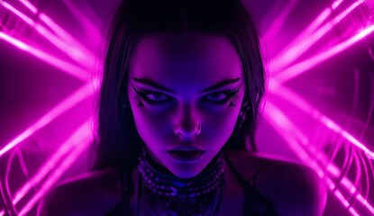 Poster - Neon Tunnel Vortex, an immersive dark tunnel illuminated by vibrant purple and pink neon lights, with symmetrical laser patterns enhancing depth.