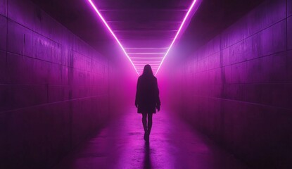 Poster - Neon Tunnel of Light, a vibrant passage illuminated in purple and pink, featuring symmetrical laser patterns enhancing the immersive atmosphere