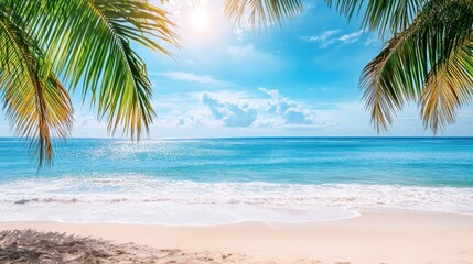 Poster - Beautiful tropical beach with blue water and sunny sky inviting relaxation and enjoyment at any time of day. Generative AI