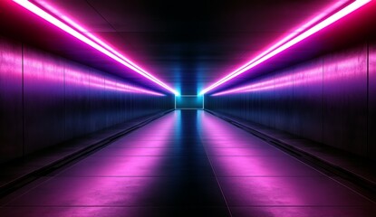 Poster - Neon Dreamscape, a dark tunnel illuminated by vibrant purple and pink lights, casting symmetrical patterns for a futuristic ambiance