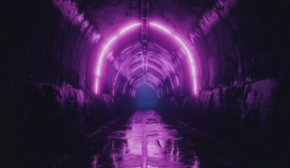 Poster - Neon Tunnel Symmetry, a dark tunnel illuminated by vibrant purple and pink neon lights, casting symmetrical patterns on the walls, evoking a futuristic atmosphere.