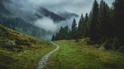 Aufkleber - Natural path winding through serene green forest under foggy mountains in early morning light. Generative AI