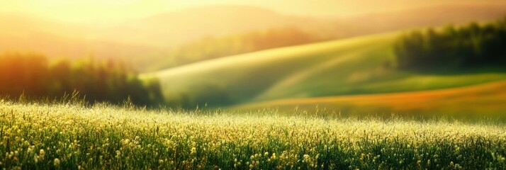 Poster - Vast green fields at sunrise with soft golden hues creating a peaceful outdoor atmosphere for relaxation. Generative AI