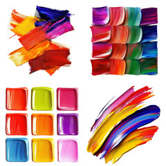 Poster - Set of colorful paint strokes on canvas in various vibrant colors and patterns for artistic backgrounds on white background , cut out.