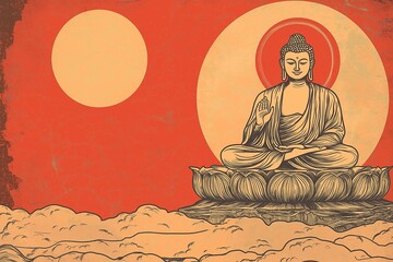 Buddha in meditation pose on lotus with sun and clouds in a traditional artistic style