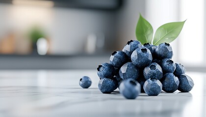 Wall Mural - A close-up of fresh blueberries piled together, showcasing their rich blue color and vibrant green leaves on a light, textured surface.