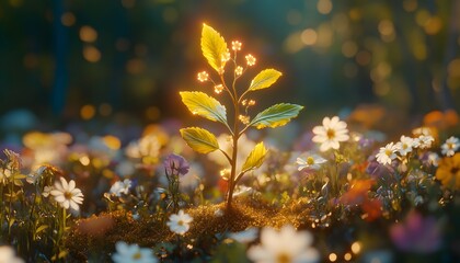 Poster - Bright Green Plant Growing in a Vibrant Field of Colorful Wildflowers Under a Soft Glowing Light, Symbolizing Nature's Beauty and Resilience