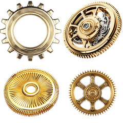Poster - close up view of interlocking gears and cogs in a mechanical system on a white background on white b