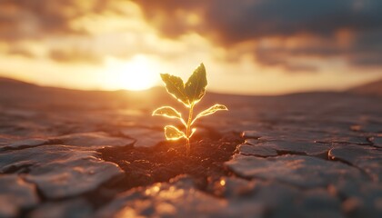 Poster - Green Plant Growing from Cracked Soil at Sunrise, Symbolizing Hope and Renewal in a Harsh Environment with a Beautiful, Dramatic Sunset Background