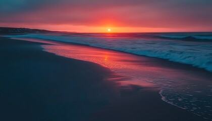 Poster - Serene Sunset over Calm Ocean Waves with Soft Reflections on Sandy Shore, Capturing the Beauty of Twilight and Nature's Vibrant Colors