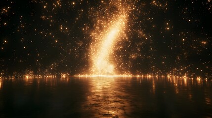 Poster - Dreamlike cosmic landscape featuring golden sparkles reflecting on a tranquil water surface, creating a mesmerizing and ethereal atmosphere at nighttime.