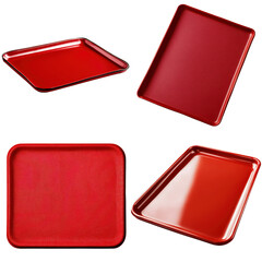 Poster - Set of red square plates arranged on a wooden surface for table setting or kitchen use on white background , cut out.