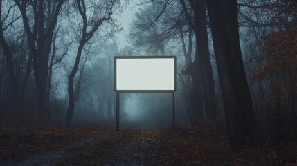 Poster - Mysterious empty billboard in a foggy forest path during twilight hours. Generative AI