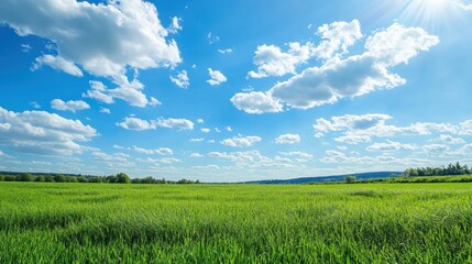 Poster - Vast green field under a clear blue sky with fluffy clouds and bright sunlight illuminating the landscape. Generative AI