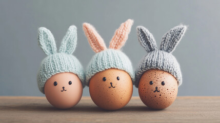 Three eggs with knitted bunny hats on a wooden table, Cute easter photo